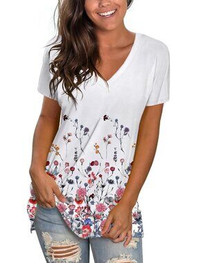 〽️Women Floral Multi V Neck Tee Loose Fitting Casual Short Sleeve Tops T Shirt